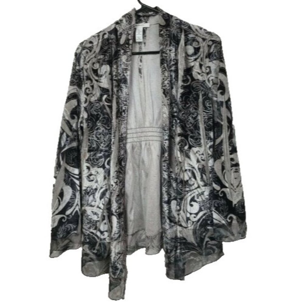 Style&Co Womens Cardigan Medium Gray Silver Velvet Paisley Open Whimsygoth
